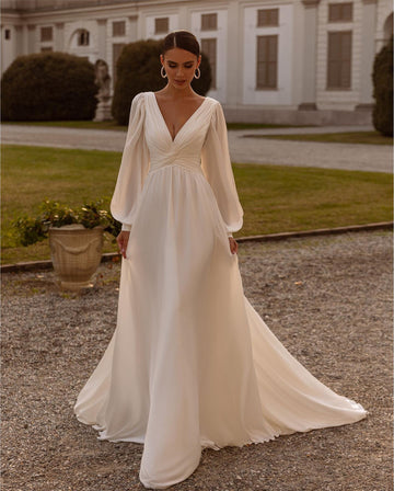 Ivory Chiffon Wedding Dresses for Bride Long Sleeve V Neck A Line Bridal Gown Backless Simple Civil Wedding Dress