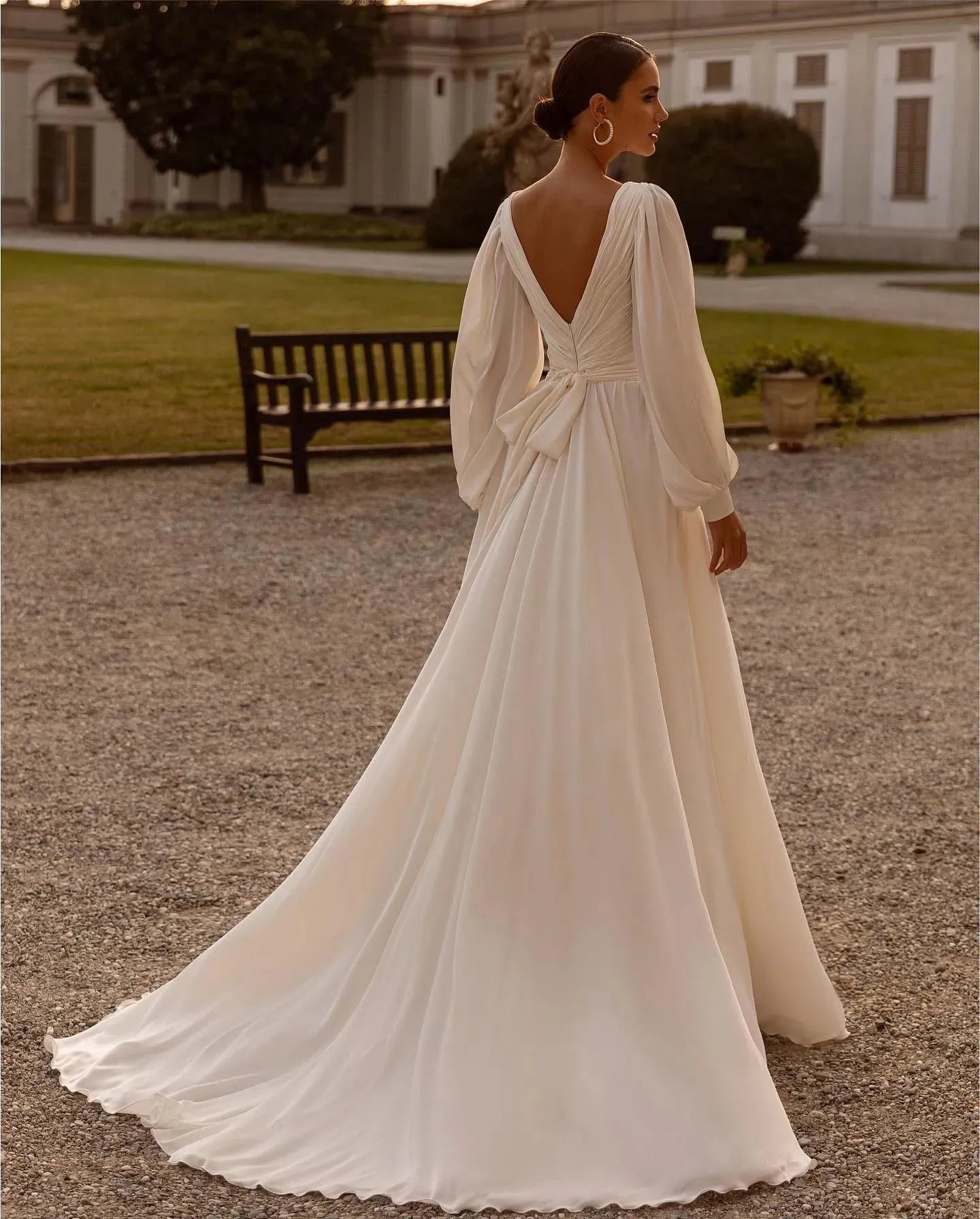 Ivory Chiffon Wedding Dresses for Bride Long Sleeve V Neck A Line Brid
