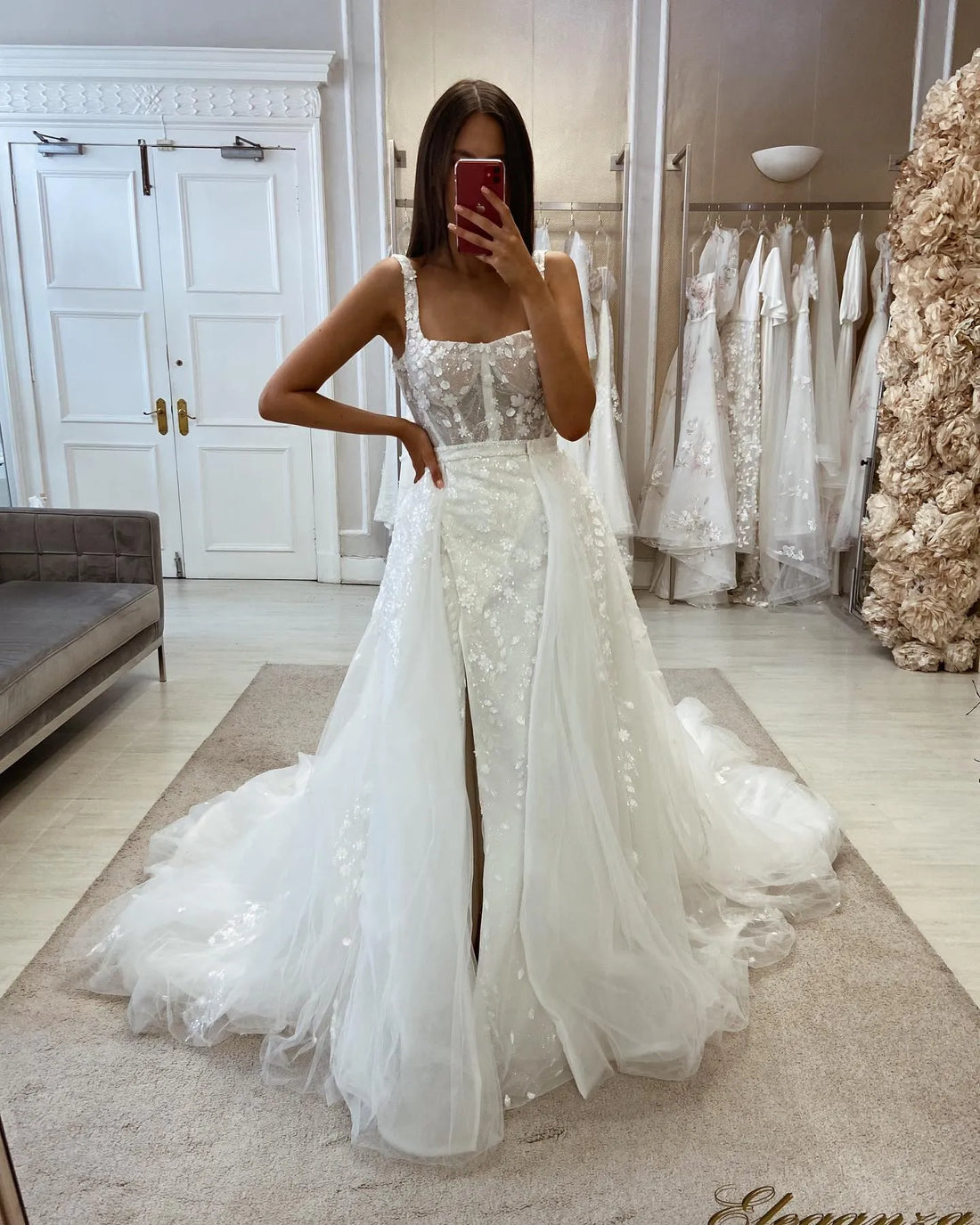 Glitter Lace Mermaid Wedding Dresses Square Collar Bodycon Sparkly Flowers Bridal Gowns Side Slit Backless Party Gowns Custom Color or Size