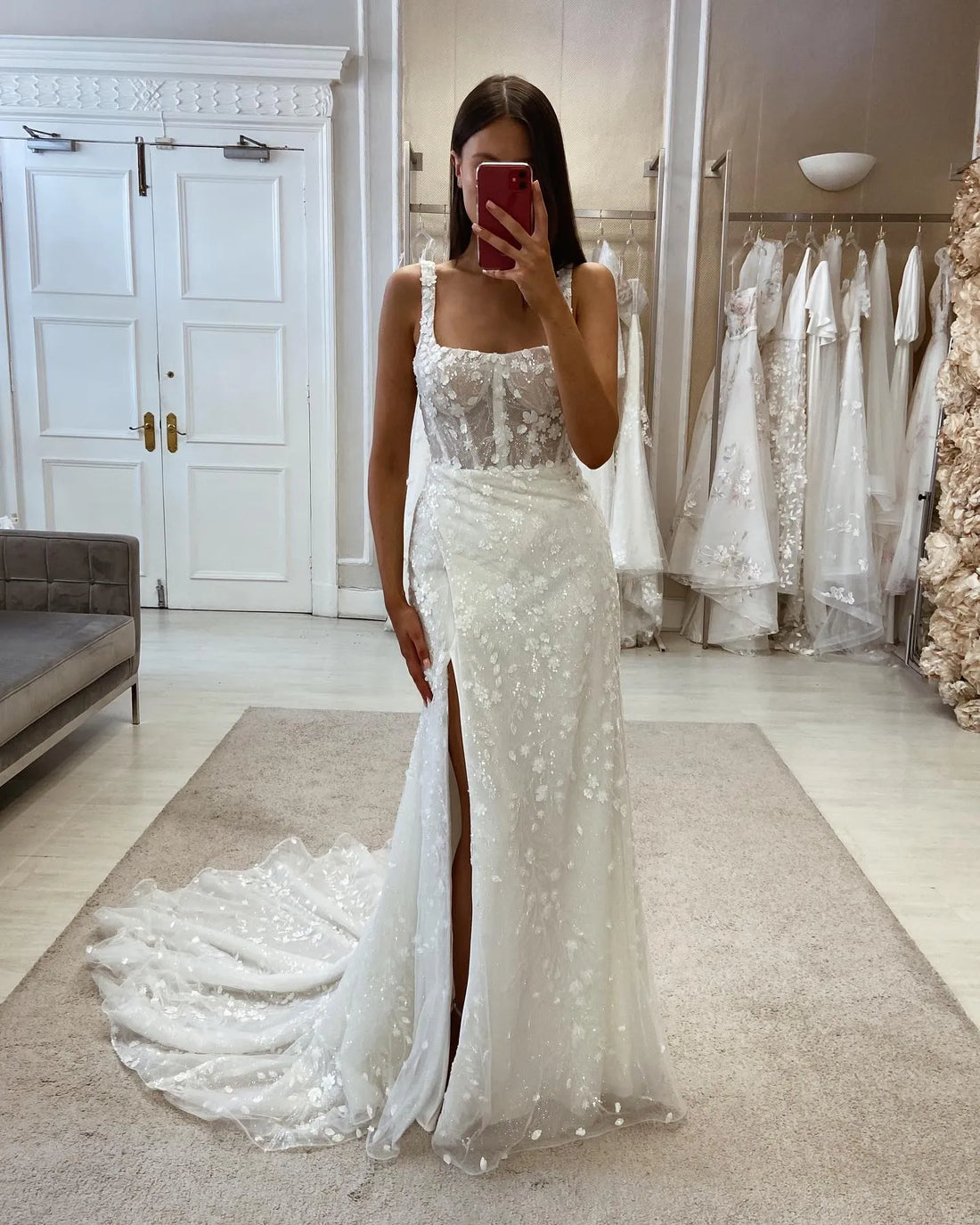 Glitter Lace Mermaid Wedding Dresses Square Collar Bodycon Sparkly Flowers Bridal Gowns Side Slit Backless Party Gowns Custom Color or Size