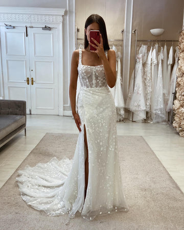 Vestidos de novia de sirena de encaje con purpurina, cuello cuadrado, ceñido al cuerpo, flores brillantes, vestidos de novia con abertura lateral, vestidos de fiesta sin espalda 