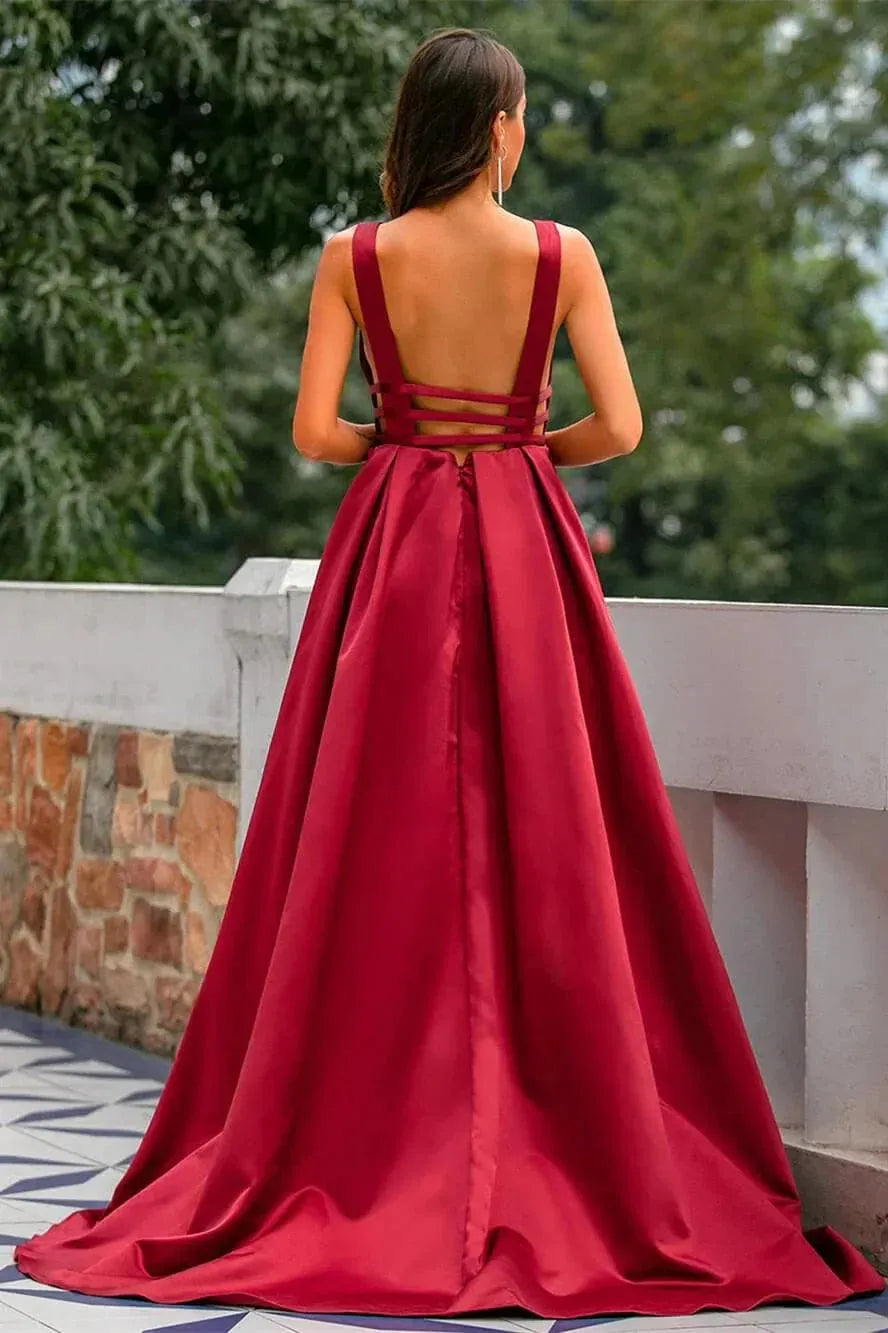 Sexy Red New Year Party Dress Winter Evening Dresses V Neck Satin Prom Dresses Long Elegant Evening Gown Robe De Soiree Customization 14W