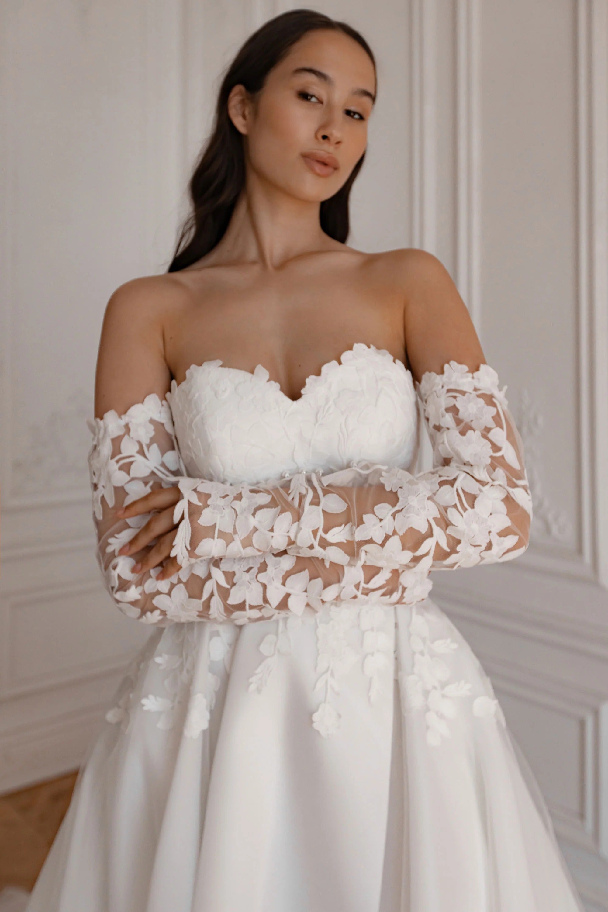 Pizzo floreale con maniche staccabili abito da sposa sirenela semplice prua principessa satinata vestido de novi gonna abito da sposa da sposa abito da sposa