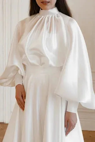 High-Neck Wedding Dress Simple Satin Vestido De Novia Mermaid Bow Princess Skirt Court Train Dress Bridal Gown Satin