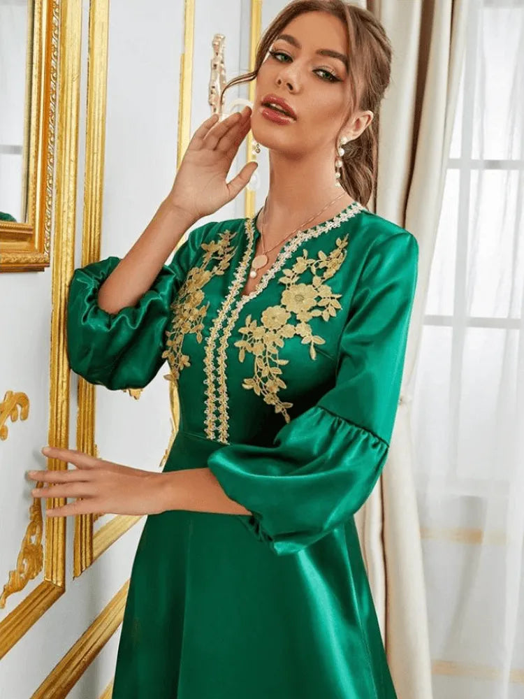 Fashion Satin Puff Sleeve Printing Solid Evening Party Dress Djellaba Moroccan Caftan For Women Elegant Islamic Outfits Green Dress