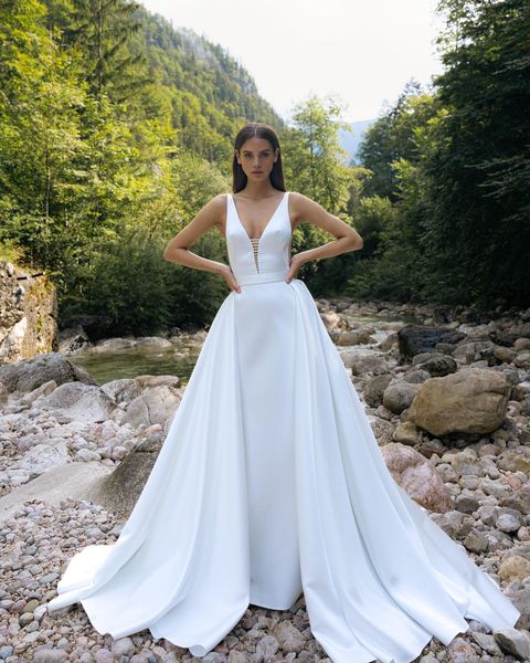 Elegant Mermaid Wedding Dress Women V-Neck Open Back Spaghetti Straps Satin Bridal Gown Detachable Train Vestidos De Noiva