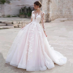 Robe de mariée à manches longues roses de luxe Appliques de dentelle de lacet O-cou bouton Royal Train Train Bride Vestido de Novia Princess