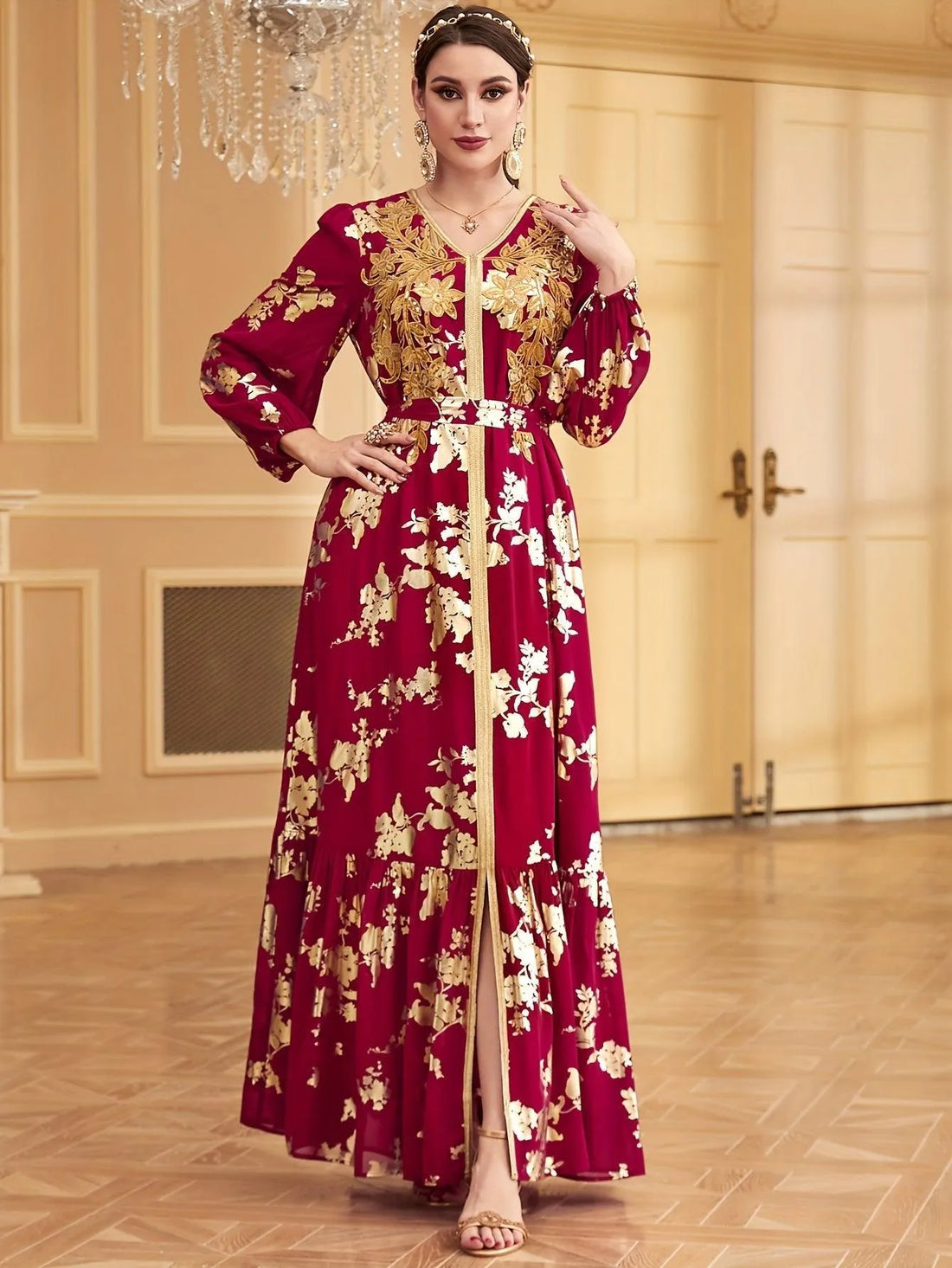 Red Evening Party Dubai Elegant Gown For Women Appliques Sequin Belted Dress V-Neck Gold Stamping Abaya Moroccan Kaftan Red Dress