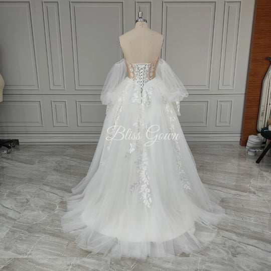 Sevintage Bohemia Wedding Dresses Sweetheart 3D Flower Appliques Lace A-Line Bridal Gowns Beach Puff Sleeves Boho Wedding Dress