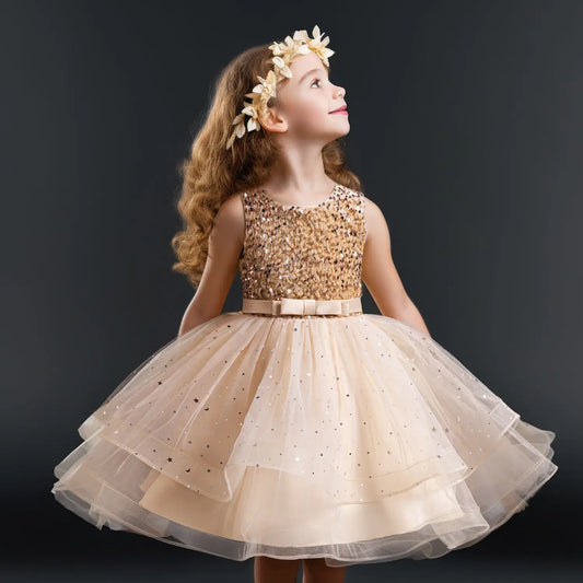 4-12Y Sequins Dress for Girl Kids 2024 New Flower Girl Birthday Party Princess Dresses Bow Champagne Elegant Evenning Dress Sarah Houston