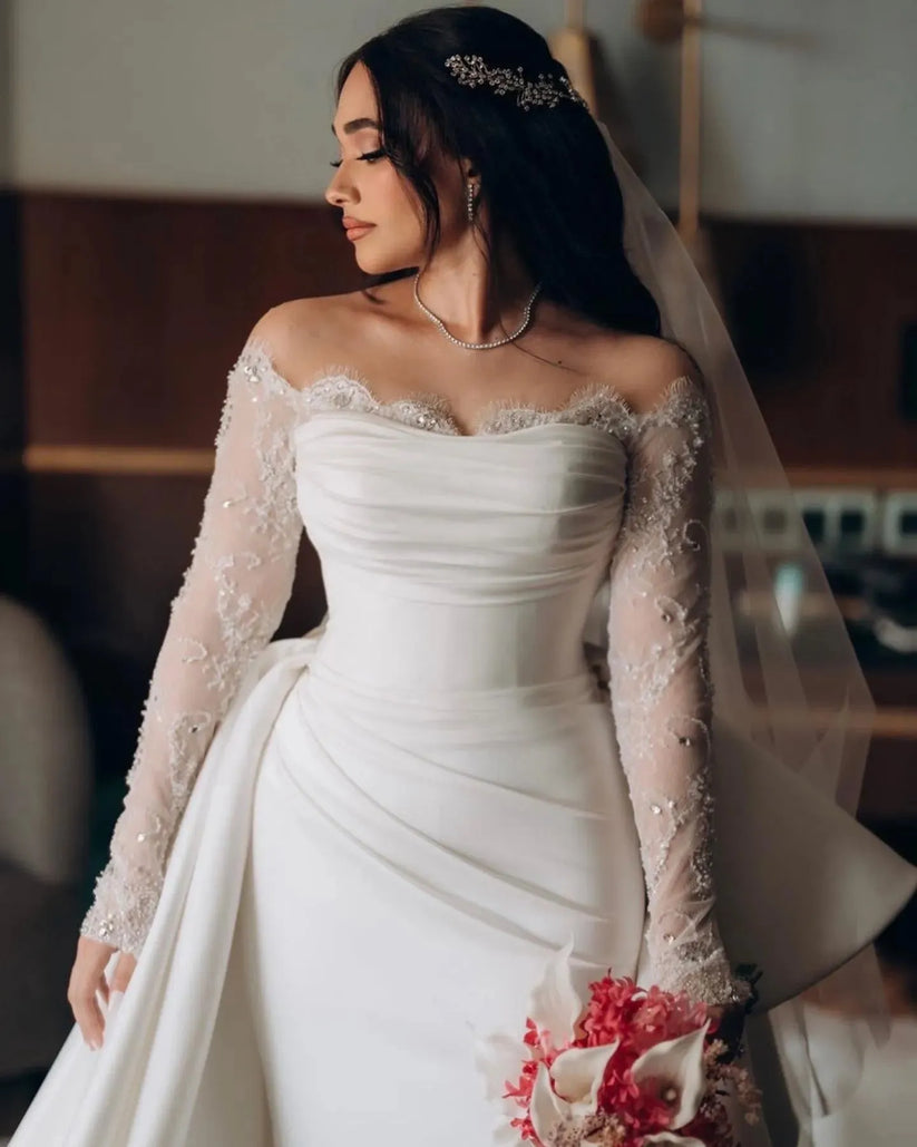 Ivory Off-The-Shoulder Full Sleeves Beads and Pearls Mermaid Wedding Dress