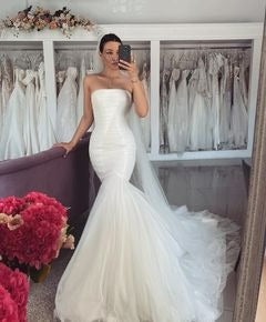 Boho Tulle Mermaid Wedding Dresses Off Shoulder Backless Solid Bridal Gowns Strapless Princess Bride Dress Custom Color