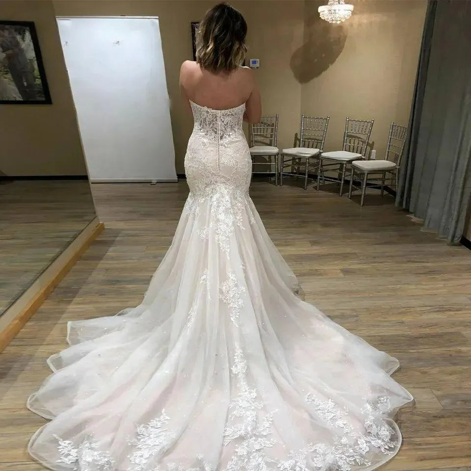Osquernovia Luxury Mermaid Wedding Dress Sequins Appliques Sweetheart Backless Glitter Tulle Real Picture Robe De Mariée Ivory
