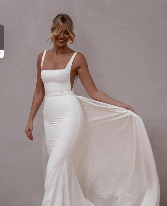 Sexy Abnehmbare Lange Schleppe Quadrat Kragen Brautkleider Elegante Backless Satin Meerjungfrau Brautkleider Vestidos De Novia 