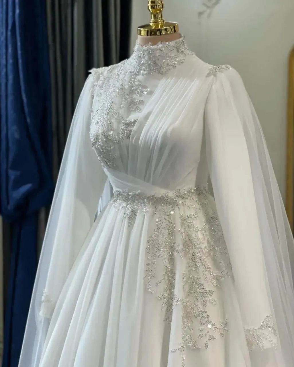 Vestido De Noiva Delicate Chiffon with Beading Plus Size Wedding Dresses for Bride Tulle Cape Muslim Bridal Gown White