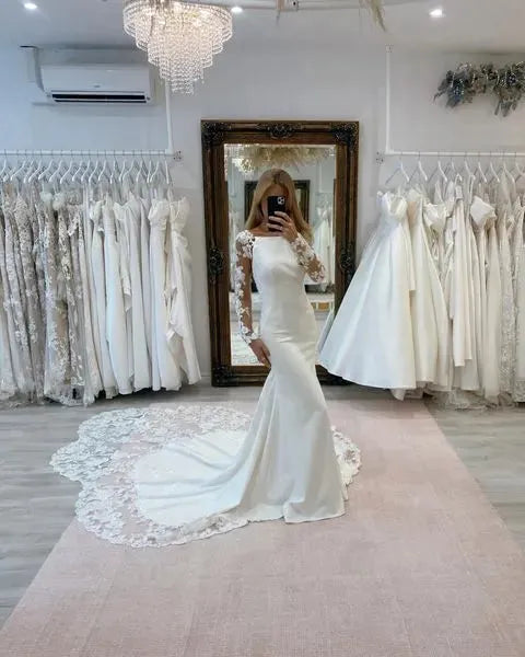 Charming Mermaid Wedding Dress High neck Lace Appliques Sweep Train Bridal Gowns Fashion Amanda Novias Vestido De Novia Beige