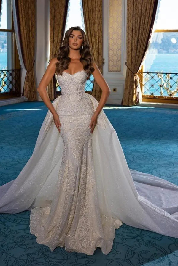 Luxury Strapless Wedding Dresses Sparkly Mermaid Dress For Bride Appliques Lace Floor-length Bridal Gown Vestido De Novia Mermaid