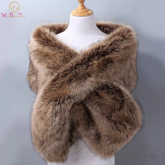 42 Colors 165*28cm Brown Faux Fur Wedding Shawl Woman Party Stoles Bride Cape Cloak Winter Bridal Wrap Bolero Accessory Stock Sarah Houston