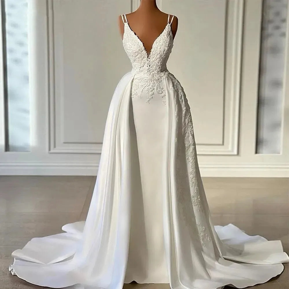 Elegant V Neck Mermaid Satin Wedding Dresses Sleeveless Floor Length Beaded Bridal Gowns with Detachable Train wedding dress 50cm Satin