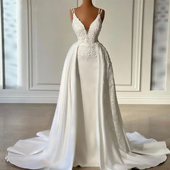 Elegant V Neck Mermaid Satin Wedding Dresses Sleeveless Floor Length Beaded Bridal Gowns with Detachable Train