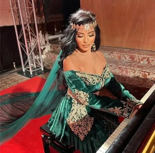 Caftan Evening Dress Hunter Green Mermaid Prom Dresses Off The Shoulder Velvet Long Sleeve Evening Formal Party Dress as photos