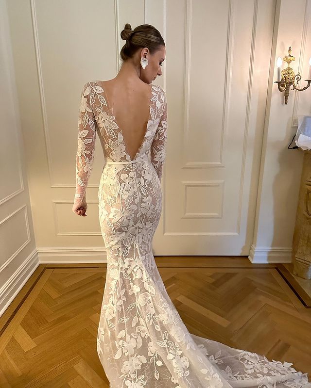 Vestido De novia elegante De sirena con cuello en V profundo, manga larga, Apliques De encaje, vestido De novia con cola De ilusión 