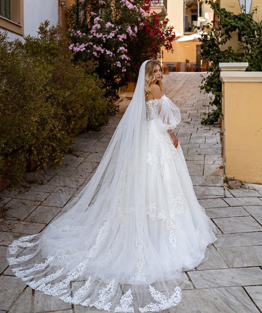 Vestido de novia de princesa de tul con ilusión, mangas abullonadas y hombros descubiertos, escote en forma de corazón, apliques de encaje, vestidos de novia 