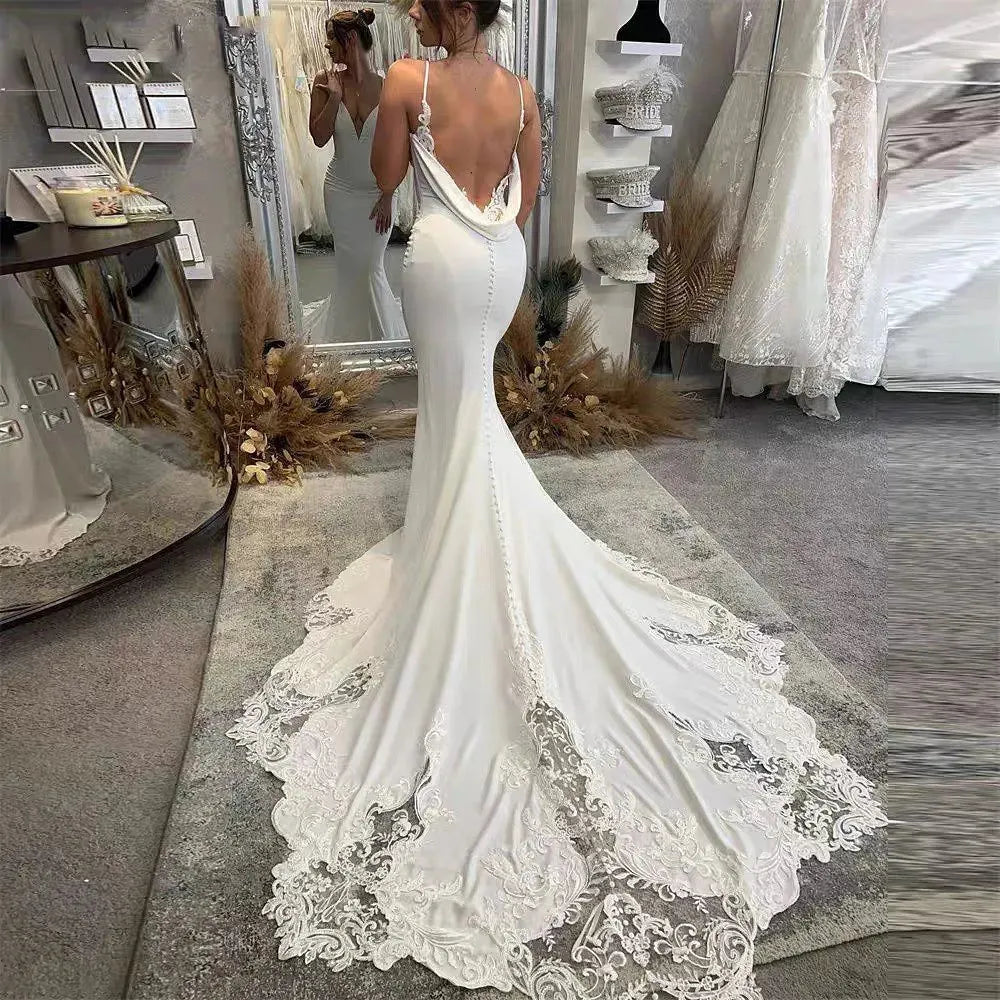 Deep V-Neck Sleeveless Crepe Mermaid White Wedding Dress Spaghetti Straps Backless Lace Bridal Gown Custom Made