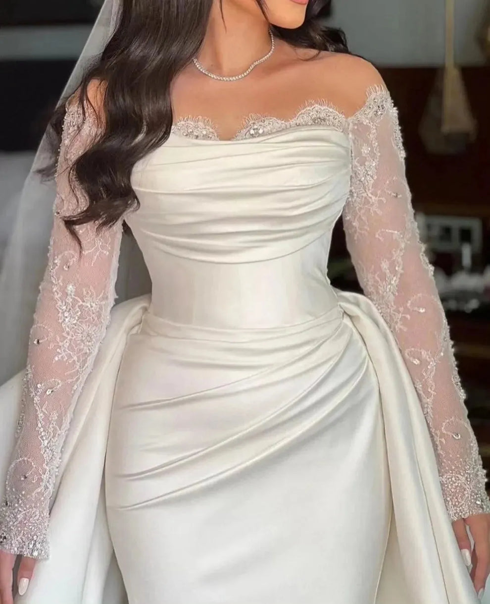 Ivory Mermaid Wedding Dress Off The Shoulder Bridal Dress Lace Long Sl