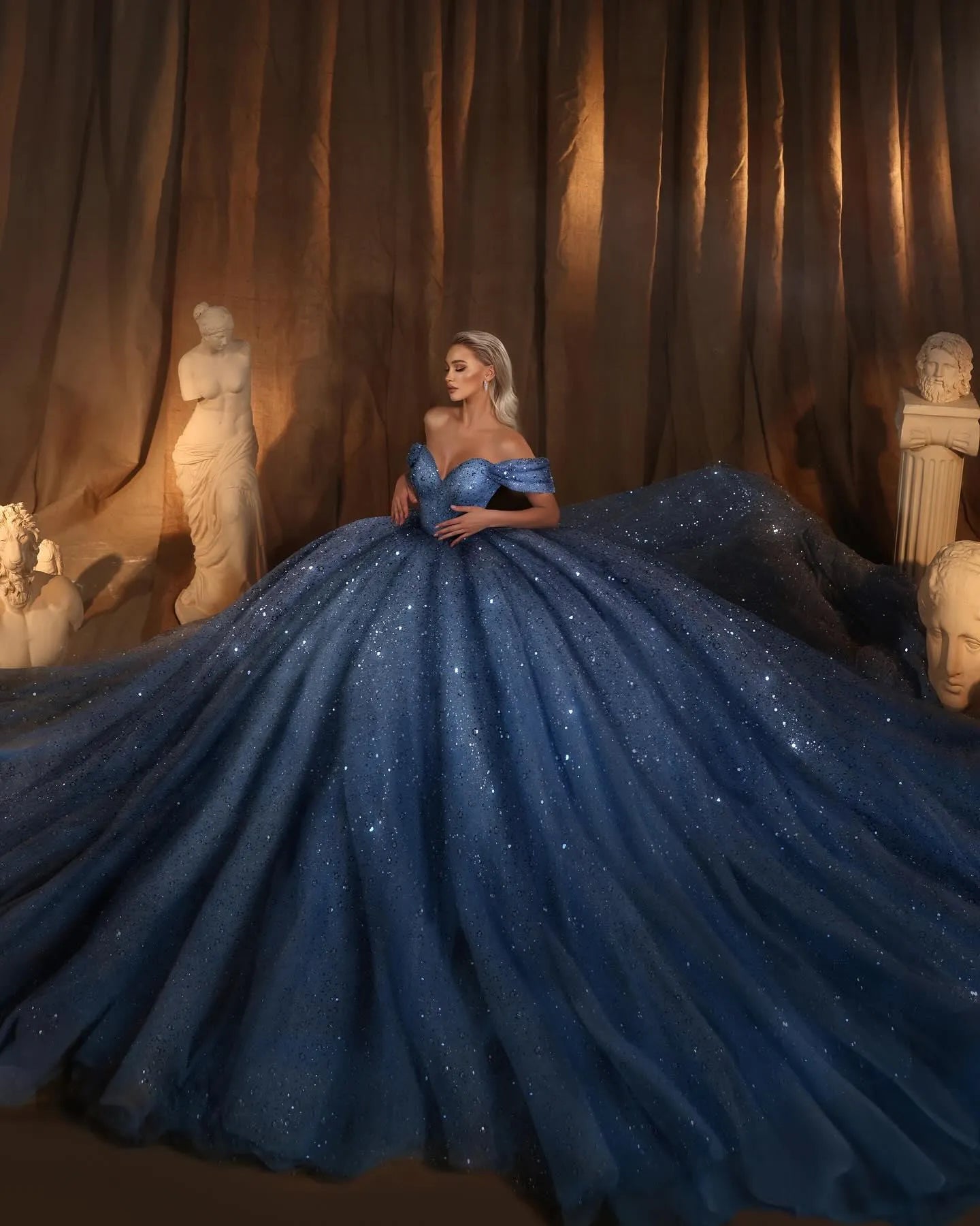Royal Blue Glitter Wedding Dresses Off Shoulder Pufyy Sparkly Backless