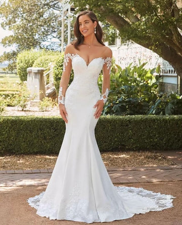 Elegante abito da sposa sirena di dolcezza 2024 manica bianca a manica lunghe a pizzo Applique APPLICATURA APPLICAZIONE SPASCHI