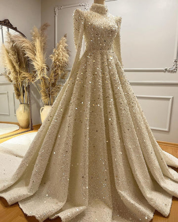 Vestido De novia musulmán De manga larga con lentejuelas brillantes De lujo para novia, vestidos De novia islámicos De cuello alto, bata árabe para mujer 