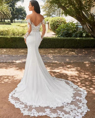 Elegante vestido de novia de sirena con escote en forma de corazón 2024, blanco, manga larga, espalda abierta, apliques de encaje, vestido de novia con cola larga 