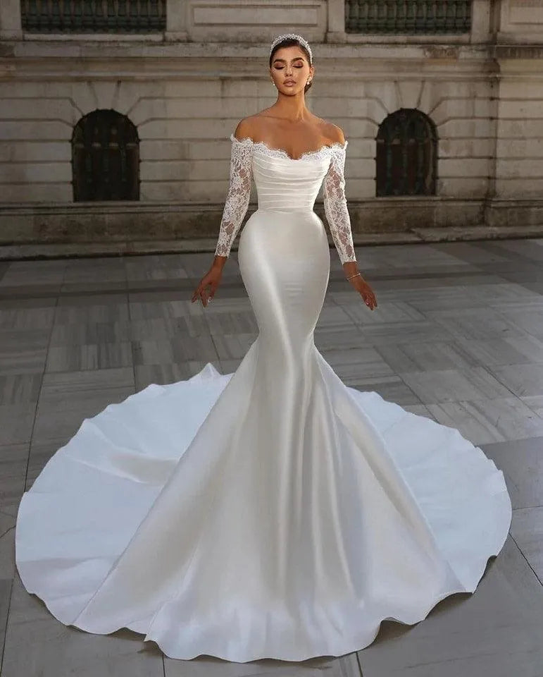 Stain Mermaid Wedding Dress With Detachable Train Lace Long Sleeve Bridal Dresses Vestido de novia Ivory
