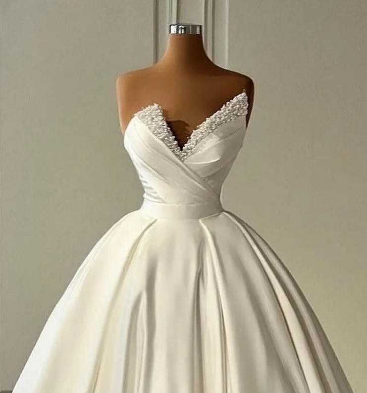 Pearls Wedding Dresses Sexy Strapless A Line Bride Dress Vestidos de novia Soft Satin Wedding Gown White Satin