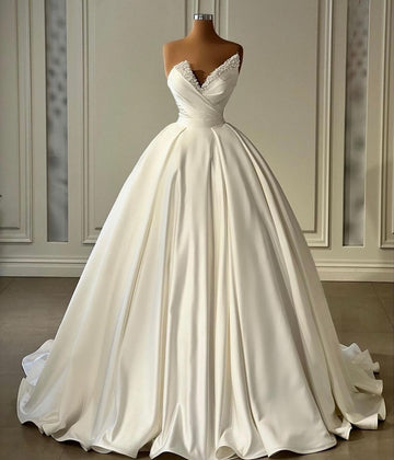 Pearls Wedding Dresses Sexy Strapless A Line Bride Dress Vestidos de novia Soft Satin Wedding Gown