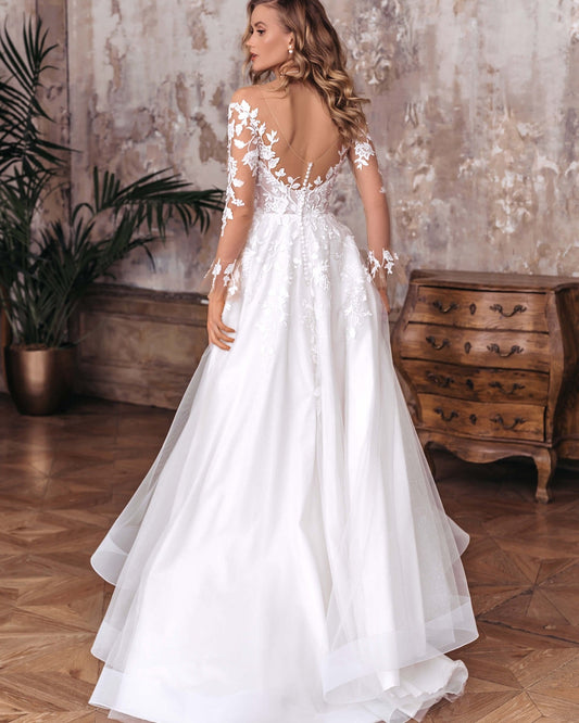 Elegante vestido de novia de corte A para mujer, espalda abierta, escote en V, encaje, manga larga, abertura lateral, vestido de novia de tul, cola larga, vestidos de novia 