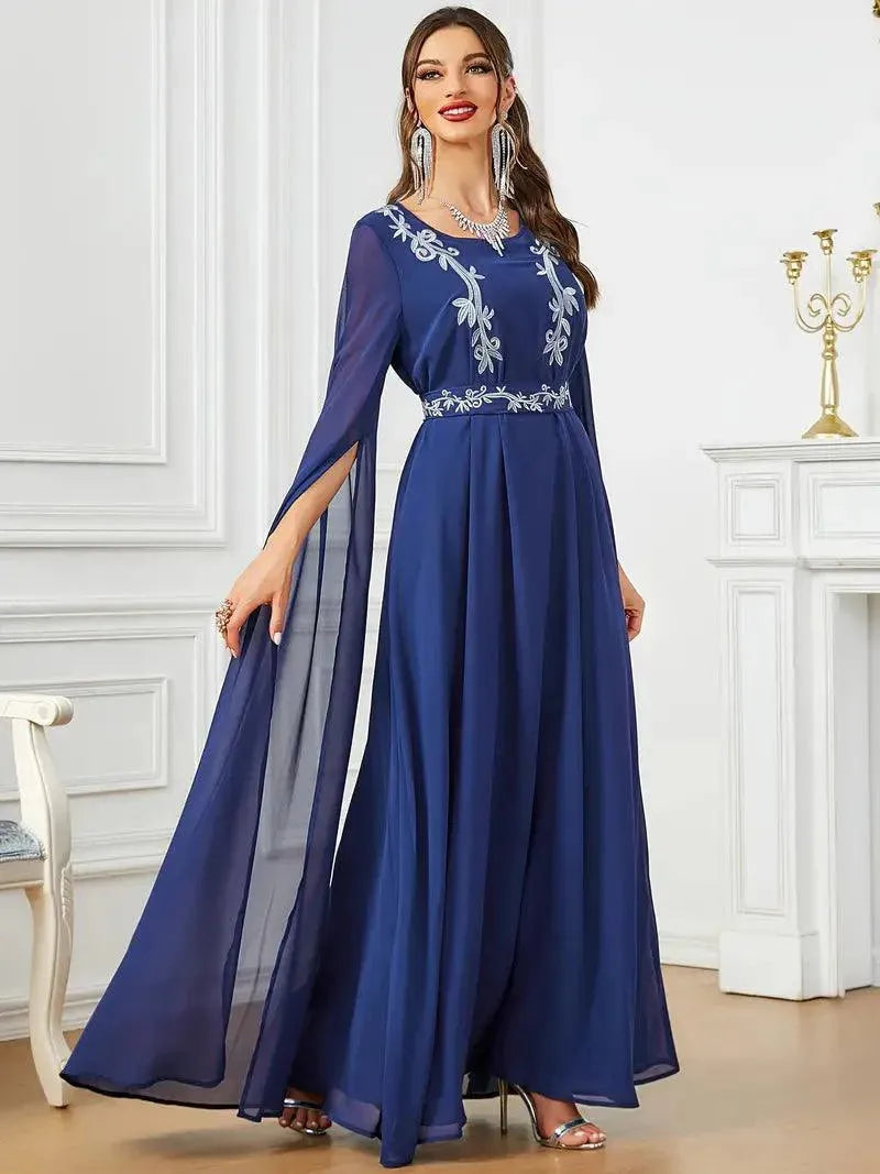 Dubai Moroccan Fashion Embroidery Chiffon Super Long Sleeve Evening Party Gown Jalabiyat Turkish Gulf Belted Dress Blue Dress