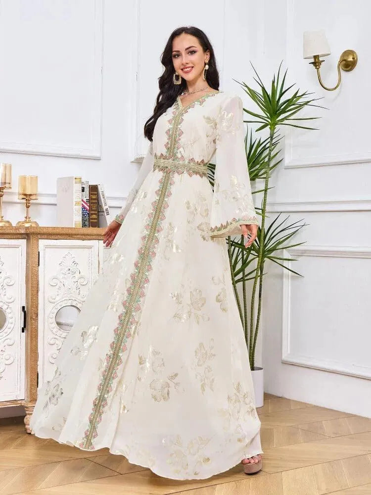 Fashion White Printing Turkish Long Dress Female Tape Trim Full Sleeve V-Neck Belted Clothing Abayas For Muslim Women White Dress
