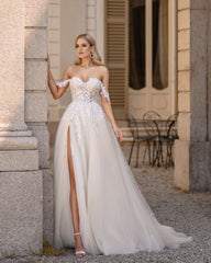 Light Champagne Pastrol Wedding Dresses Off Shoulder Sweetheart Bride Gowns Side Split A-Line Tulle Vestido De Novia