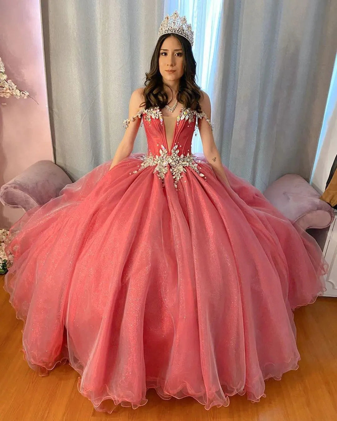 Quince Dress | Glittering Crystals Quinceanera Dress Off-Shoulder Ball Gown Vestidos De 15 Anos Formal Birthday Party Prom Dress