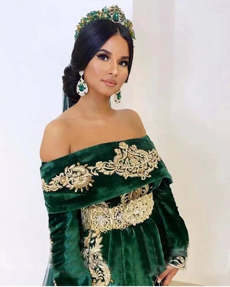 Caftan Evening Dresses Hunter Green Mermaid Prom Dress Off The Shoulder Velvet Long Sleeve Evening Formal Party Dress Hunter green