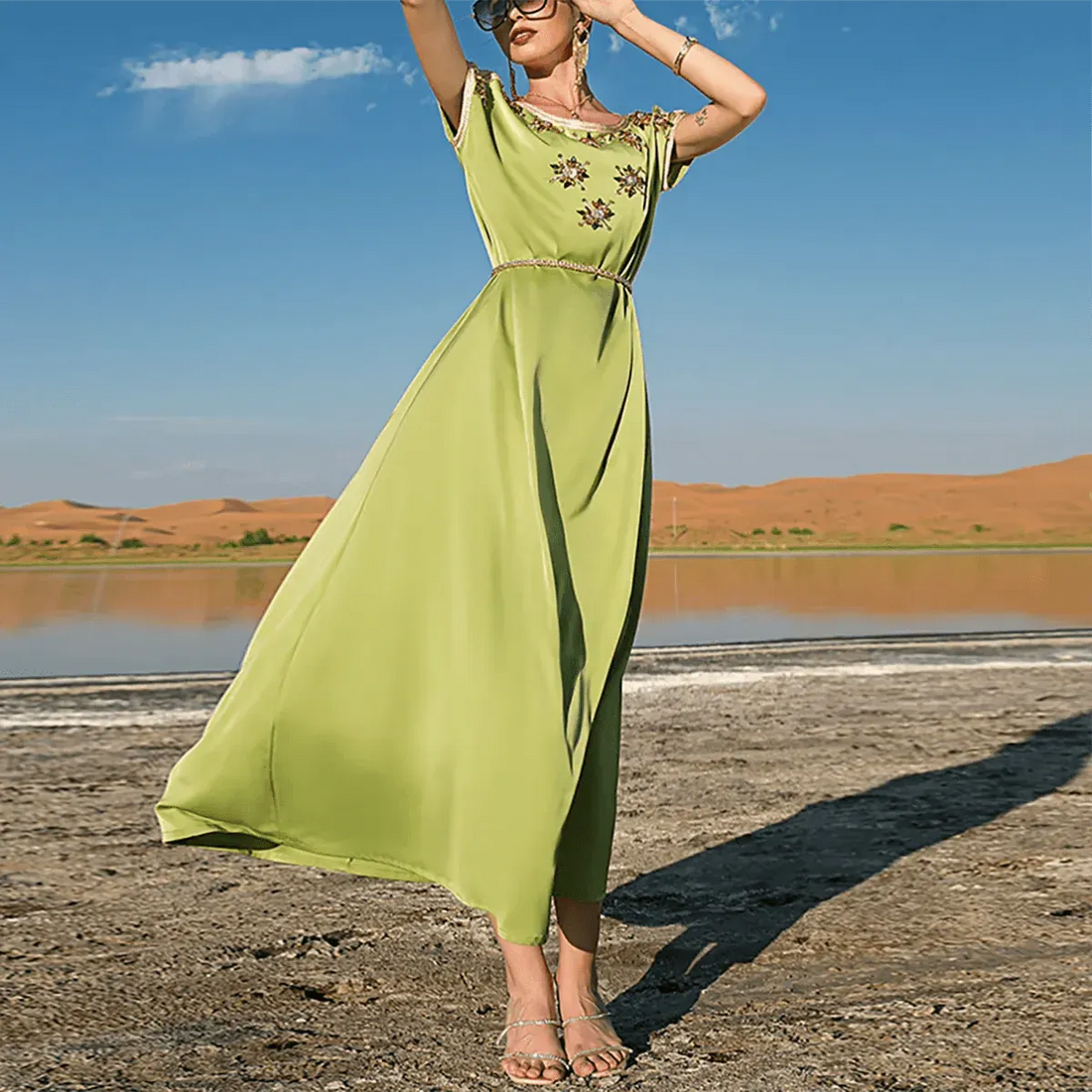 Satin Pure Handwork Rhinestone Chic Solid Short Sleeve O-Neck Belted Clothing Elegant Muslim Summer Long Dress 2023 Avocado Green Dress