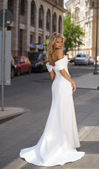 Off The Shoulder Mermaid Wedding Dress Pleats Bride Dresses Side Split Ivory Satin Wedding Party Dress