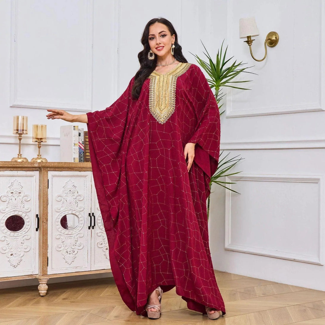 Fashion Long Dress Dubai Abayas For Female Beading Batwing Sleeve V-Neck Belted Clothing Elegant Muslim Costumes Woman Red Dress
