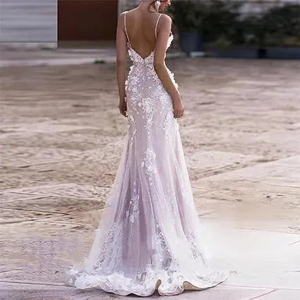 3D Flowers Sleeveless Sexy Mermaid Wedding Dress Spaghetti Straps Deep V Neck Backless Bridal Gown