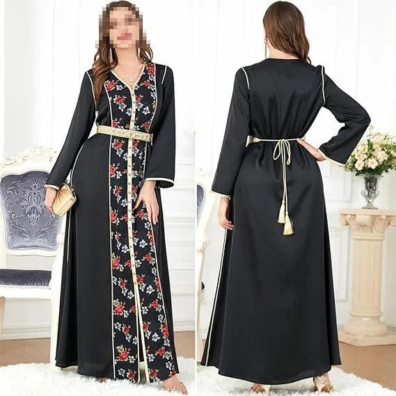 Prom Dresses Floral Embroidery Belted Kaftan V-Neck Beading Party Dress Jalabiyat Ramadan Abaya Clothes For Women