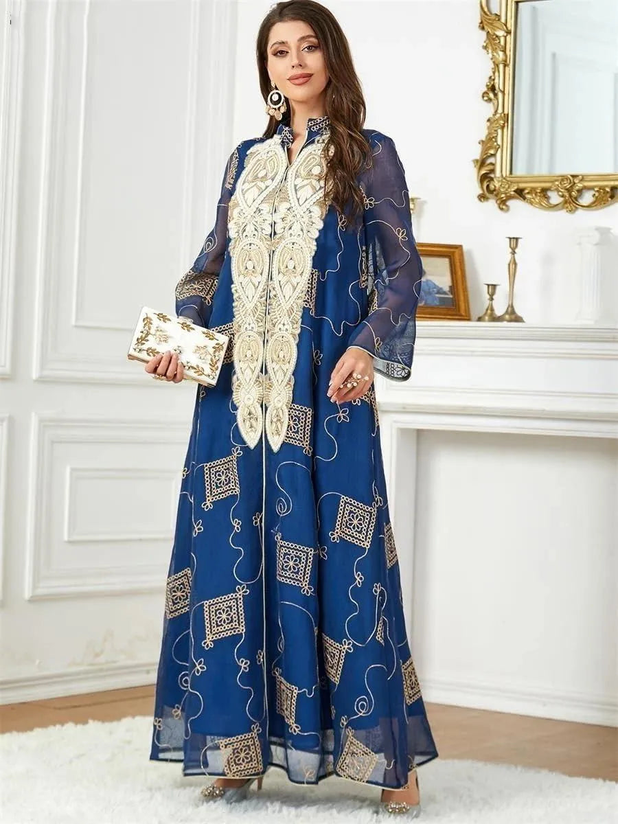 Dubai Turkish Fashion Floral Gold Embroidery Tape Trim Casual Loose Abaya Jalabiyat Islamic Gulf Women Robe Clothing Blue Dress