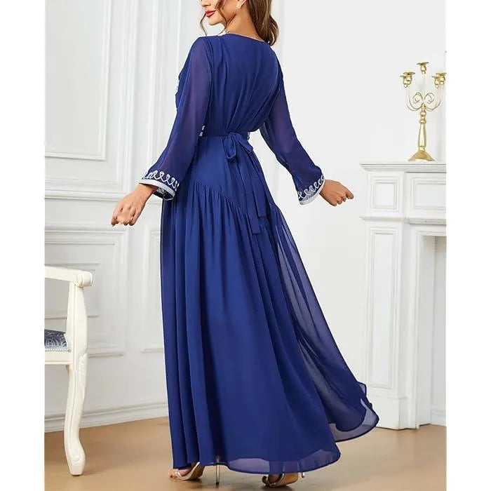 Floral Embroidery Chiffon Long Sleeve V-Neck Draped Dress With Sashes Jalabiyat Dubai African Moroccan Women Robe Blue Dress