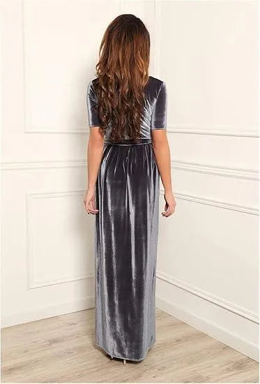 Gray Velvet Caftan Arabic Evening Dresses Short Sleeve Dubai Formal Party Gowns V Neck Side Split Prom Gowns As Picture